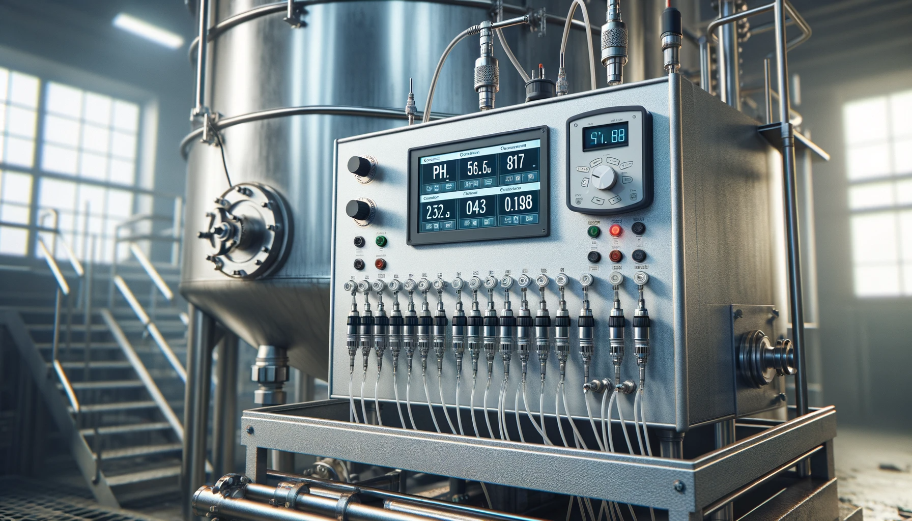 DALL·E-2023-12-16-13.19.51-An-analyzer-mounted-next-to-a-tank-for-measuring-the-pH-conductivity-and-ORP-Oxidation-Reduction-Potential-of-the-liquid-within-the-tank.-The-anal.png
