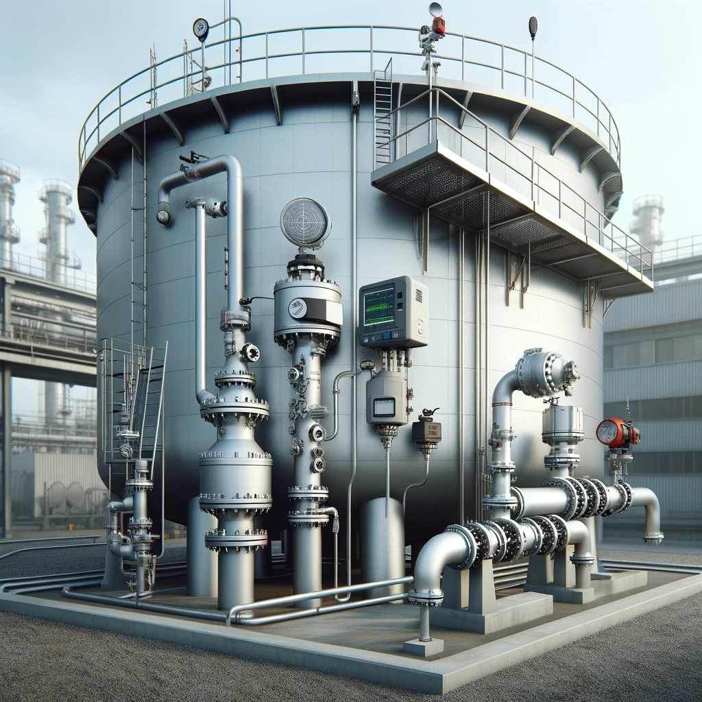 DALL·E-2023-12-16-13.34.42-An-industrial-scene-showing-a-storage-tank-equipped-with-various-instruments_-a-radar-level-sensor-for-level-measurement-an-electromagnetic-flow-mete.png