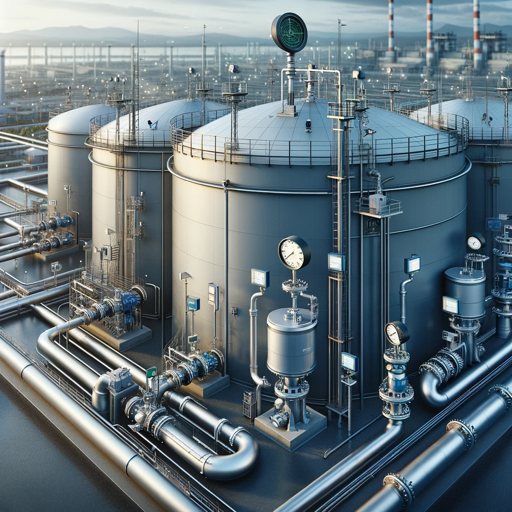 DALL·E-2023-12-16-13.43.36-A-panoramic-industrial-scene-featuring-a-storage-tank-equipped-with-a-radar-level-sensor-for-measuring-the-liquid-level-an-electromagnetic-flow-meter.png